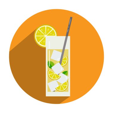 Düz bir tarzda çeşitli meyve ve böğürtlenli bir kokteylin parlak bir çizimi. Dekorasyon menüleri, sosyal ağlardaki simgeler, tematik dekorlar için uygun. Yaz havası ve sağlıklı yemek için..