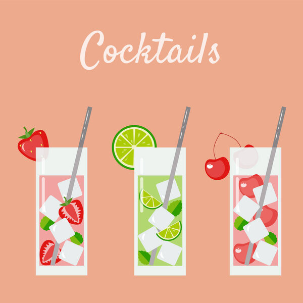 A bright illustration of cocktails with various fruits or berries in a flat style. Suitable for decorating menus, icons on social networks, thematic decor. For the summer mood.