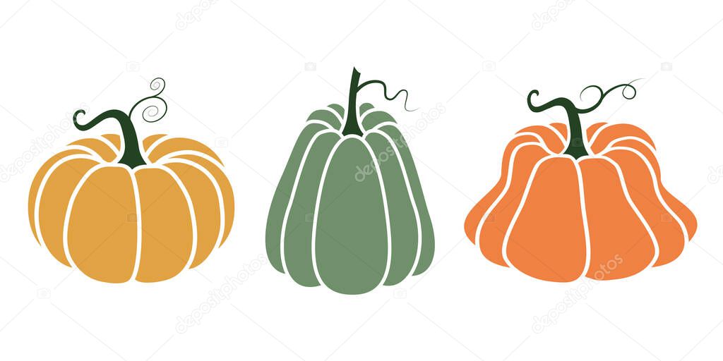 A bright illustration of pumpkins in a flat style. Cute vegetables are perfect for decorating autumn holidays, Halloween, healthy food, office supplies.