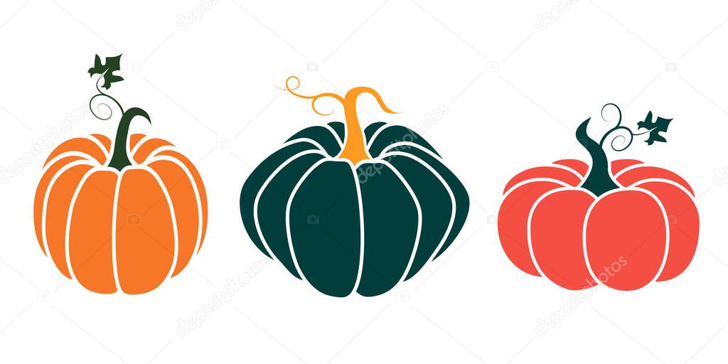 A bright illustration of pumpkins in a flat style. Cute vegetables are perfect for decorating autumn holidays, Halloween, healthy food, office supplies.