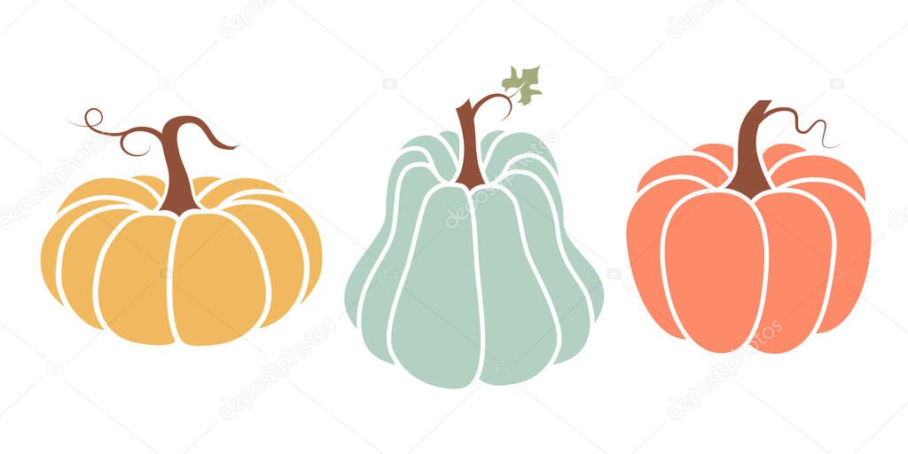 A bright illustration of pumpkins in a flat style. Cute vegetables are perfect for decorating autumn holidays, Halloween, healthy food, office supplies.