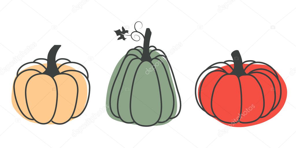 A bright illustration of pumpkins in a flat style. Cute vegetables are perfect for decorating autumn holidays, Halloween, healthy food, office supplies.