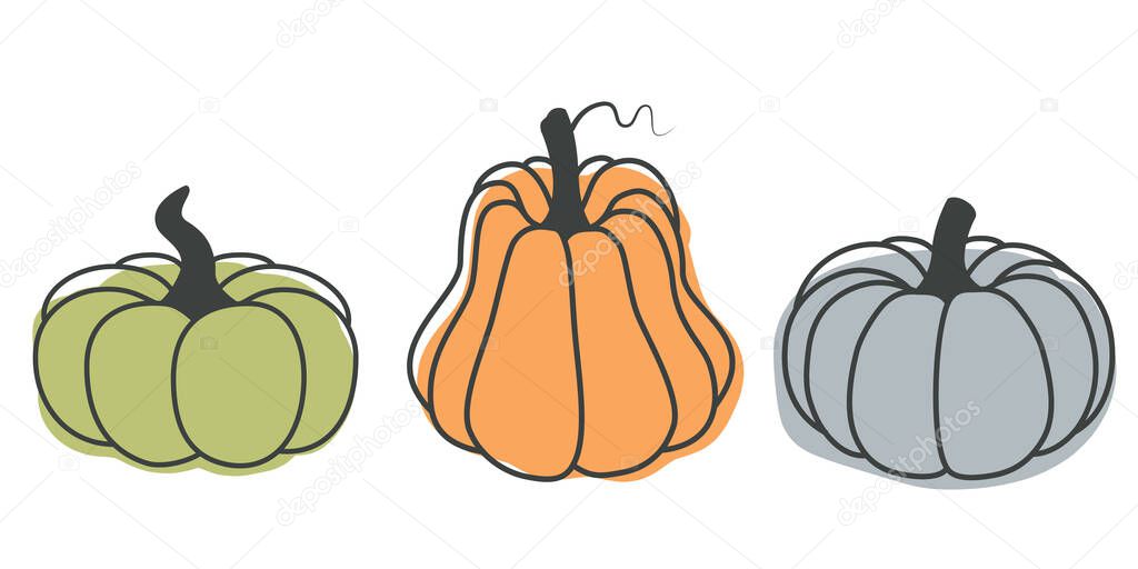 A bright illustration of pumpkins in a flat style. Cute vegetables are perfect for decorating autumn holidays, Halloween, healthy food, office supplies.