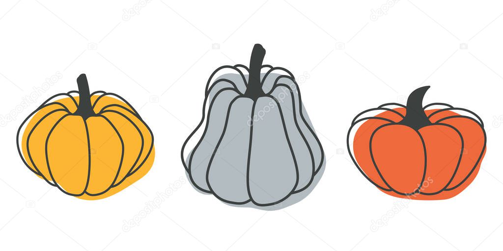 A bright illustration of pumpkins in a flat style. Cute vegetables are perfect for decorating autumn holidays, Halloween, healthy food, office supplies.