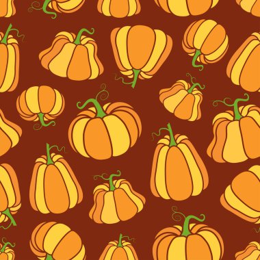 Balkabaklarıyla neşeli bir desen. Sonbahar dekoru, hasat festivali, Cadılar Bayramı ve sağlıklı yiyecekler için uygun..