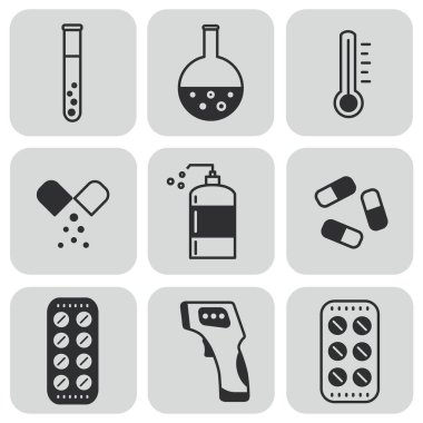 Tıptaki farklı ikonlar dizisi düz bir tarzda. Tabletler ve kapsüller, termometreler, test tüpleri, temas olmayan termometre içerir.