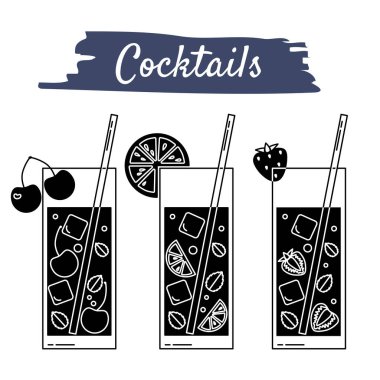 Çilek, kiraz, ıhlamur, limon, limon, portakal ve greyfurtlu kokteyllerin siyah-beyaz çizimi. Simgeler menü tasarımı ve yaz dekoru için uygundur.