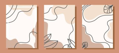 Soyut vektör geçmişleri kümesi. Sıra dışı renkli şekiller, tropikal yapraklar, kıvrımlı çizgiler ve sıcak renkler içerir. Sosyal medya hikayeleri ve yaratıcı gönderiler için uygun. Metin ve resimler için şablon.