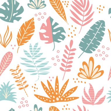 Tropik bitkilerin çeşitli yapraklarının parlak ve soyut arka planı. Yaz havası yaratıyor, rahatlamak için ayarlar ve pozitif..