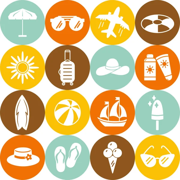 Çeşitli yaz tema simgeleri: güneş, uçak, güneş kremi, plaj terlikleri, can simidi, yelkenli, gözlük, plaj şemsiyesi, şapka, sörf tahtası, valiz ve dondurma.
