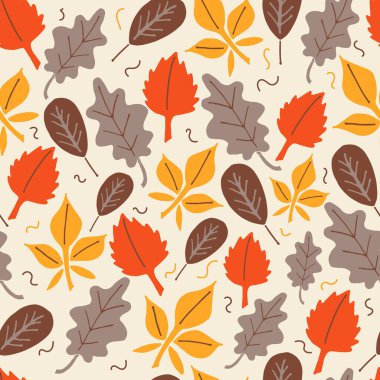Çeşitli yaprakların parlak sonbahar deseni, güneş, bulutlar ve şemsiyeler. Rahat ve sıcak bir ortam yaratıyor. Doodle tarzı. Kırtasiye, tekstil ve dekor üzerine baskı yapmaya elverişli.