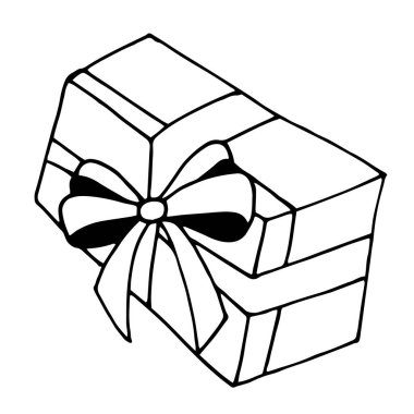 Kurdeleli ve fiyonklu hediye kutusunun siyah beyaz temsili. Ambalaj kağıdı, kırtasiye, tebrik kartı dekorasyonu için uygun.