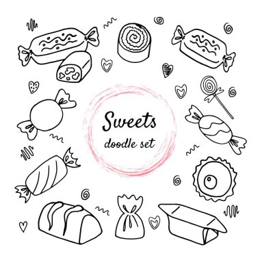 Şekerler, kekler, kekler, lolipoplar, kalpler, bukleler, kapkekler, tiramisu gibi çeşitli tatlılar. Vektör illüstrasyonu beyaz arkaplanda izole edildi.