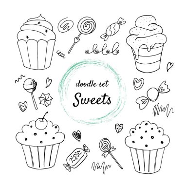 Şekerler, kekler, kekler, lolipoplar, kalpler, bukleler, kapkekler, tiramisu gibi çeşitli tatlılar. Vektör illüstrasyonu beyaz arkaplanda izole edildi.