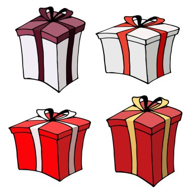 Fiyonklu hediye kutularının parlak illüstrasyonunun vektör seti. Festival ambalajı, kartlar, kırtasiye için ayarlayın.