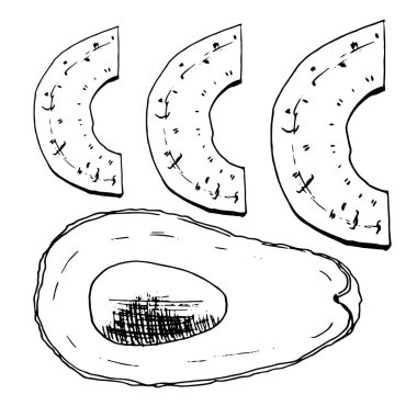 Grafik şeklinde çizilmiş avokado ile vektör çizimi. Menü tasarımı ve sağlıklı yiyeceklerin dekorasyonu için mükemmel..