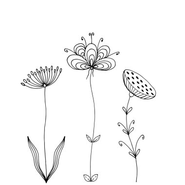 Karalama çiçekleri. Vektör eli siyah-beyaz çizilmiş. Soyut sıradışı çiçekler şenlik için uygundur..