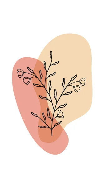 Dekoratif dalları, yaprakları ve soyut renk lekeleri olan yaratıcı minimalist el çizimleri. Kartpostal, poster, broşür, kapak tasarımı ve sosyal medya için.