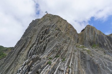 Cantabrian Denizi manzarası ve Zumaia Bask Bölgesi İspanya 'da yeşil doğa, bölgenin Flysch' i ile birlikte..