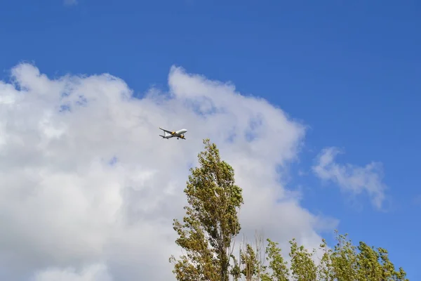 Airplane Flying Blue Sky Background Some Cloudiness You Can Also — Stock Photo, Image