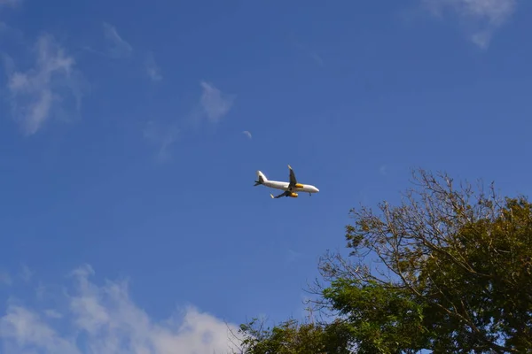 Flygplan Flyger Över Med Blå Himmel Bakgrund Och Del Molnighet — Stockfoto