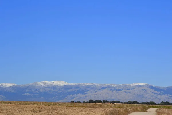 Sierra Madrid Sněhem Vrcholu Suchým Polem Španělsku — Stock fotografie