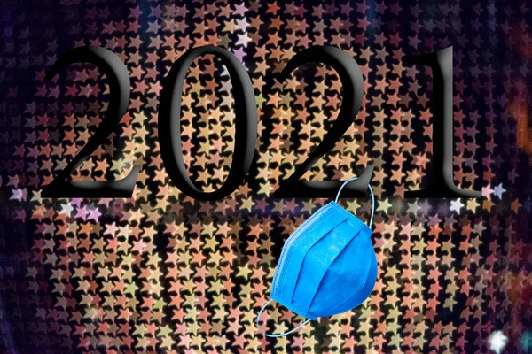 Text Year Number 2021 Background Out Focus Bright Blue Lights — Stock Photo, Image