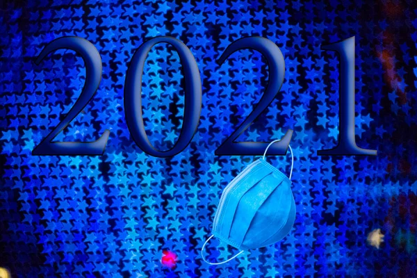 Texto Com Ano Número 2021 Com Fundo Luzes Azuis Brilhantes — Fotografia de Stock