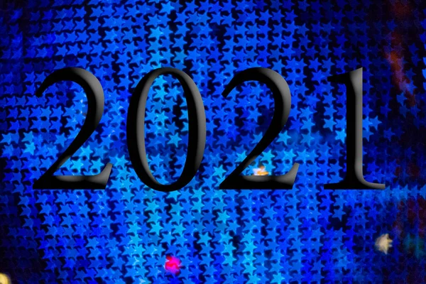 Κείμενο Τον Αριθμό Έτος 2021 Φόντο Φωτεινό Μπλε Φώτα Εκτός — Φωτογραφία Αρχείου