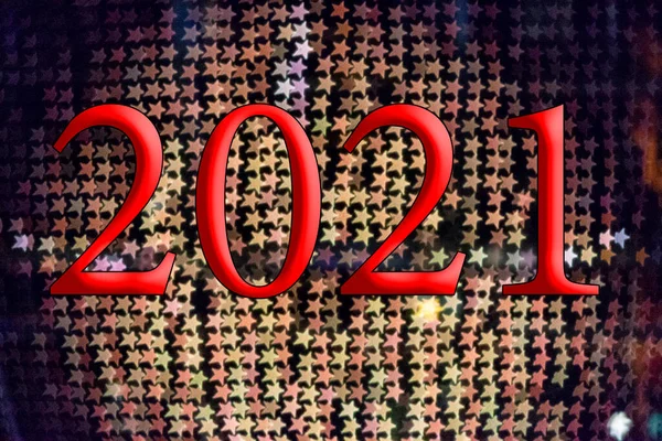 Text Year Number 2021 Background Bright Blue Lights Out Focus — Stock Photo, Image