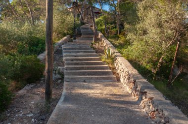 Günbatımında Akdeniz çam ormanının ortasında merdivenli bir patika. Mallorca Adası, İspanya