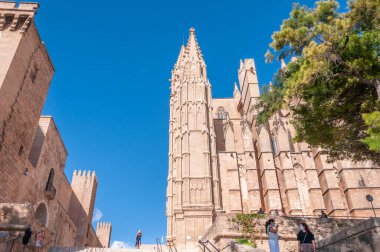 Palma de Mallorca, Balearic Adaları / İspanya; Eylül 2020: Parc de la Mar. Arka planda Palma Katedrali ve Almudaina Sarayı. Ön planda maskeli turistler var.