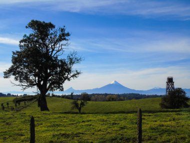 Şili 'nin güneyinde Osorno ve Puntiagudo Volkanları' na yakın tipik bir manzara.