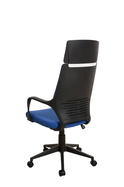 Rückseite Eines Modernen Bürostuhls Aus Schwarzem Kunststoff Gepolstert Mit Königsblauem — Stockfoto