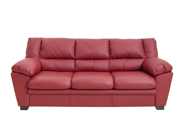 Três Assentos Sofá Couro Acolhedor Cor Vermelha Agradável Isolado Branco — Fotografia de Stock