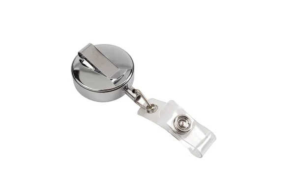 Silver Metalized Plastic Badge Holder Clips Isolated White Clipping Path — Stock Photo, Image