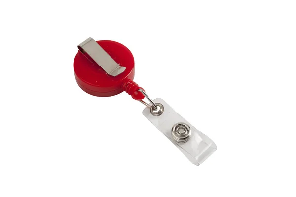 Red Plastic Badge Holder Clips Isolated White Clipping Path — Stock Photo, Image