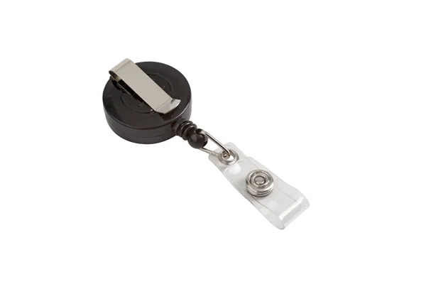 Black Plastic Badge Holder Clips Isolated White Clipping Path — Stock Photo, Image