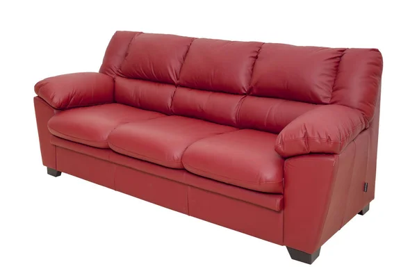 Três Assentos Sofá Couro Acolhedor Cor Vermelha Agradável Isolado Branco — Fotografia de Stock