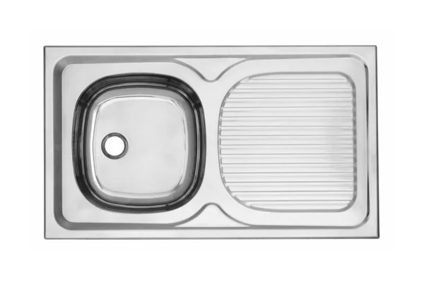 Övre vy av en tom rostfri diskbänk isolerad på vit med urklippsbana — Stockfoto