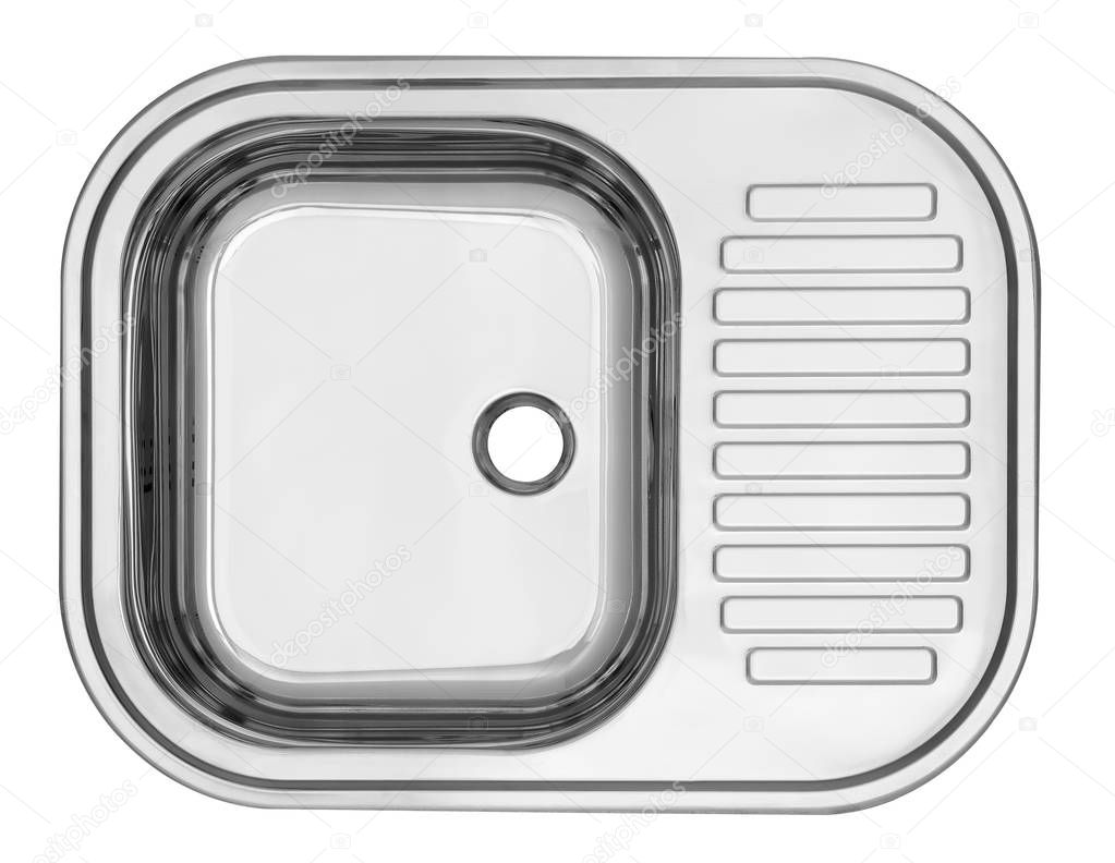 Top view of an empty stainless steel sink isolated on white with clipping path