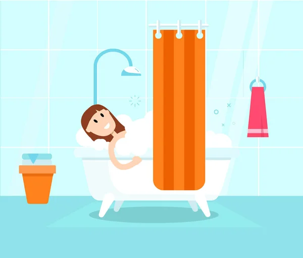 Ragazza che si fa il bagno. Illustrazione piatta vettoriale — Vettoriale Stock
