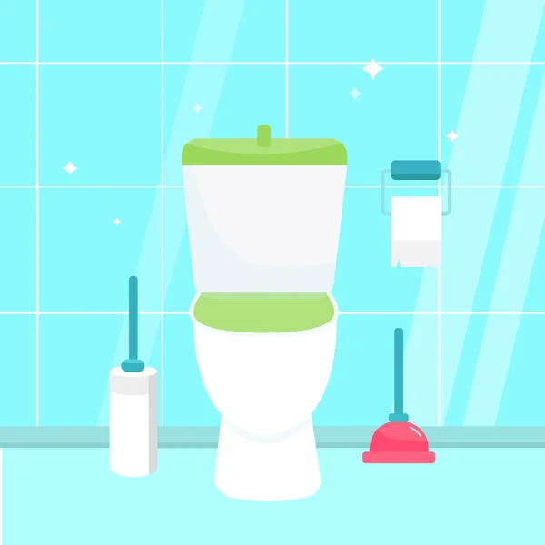 Cuarto de baño limpio con inodoro bañera lavabo y accesorios en un estilo moderno. WC sanitaria Ilustración vector plano . — Vector de stock