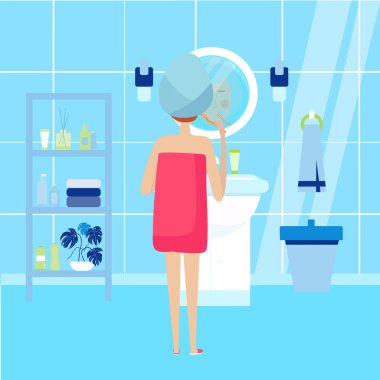 Kadın banyo dişlerini fırçalama. Modern düz oda günlük diş fırçası rutin
