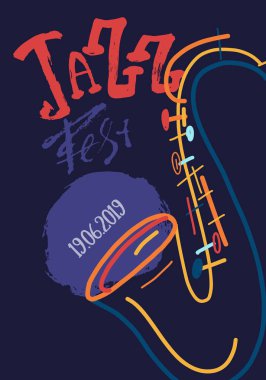 Lineart serbest caz müzik poster saksafon ile. Fırça darbeleriyle festival afişini ve el ilanı, konser, olay için elle çizilmiş illüstrasyon