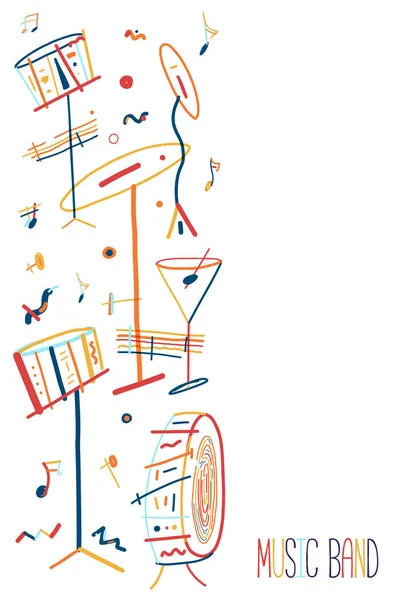 Cartel colorido de música de jazz lineal con instrumentos de batería sobre fondo . — Vector de stock