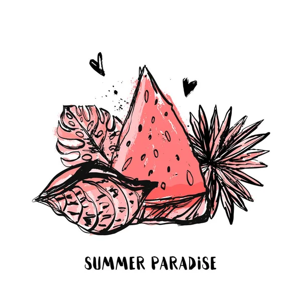 Summer Paradise grunge tshirt design with watermelon and tropic leaves, shell. Exotic hawaiian floral drawing — Stock Vector