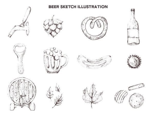 Векторный набор пивной графики в эскизе ручной работы, выполненный изолированным на белом
.