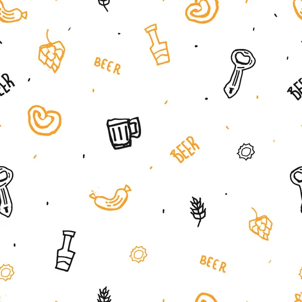 Grunge-Bier minimalistisches, nahtloses Muster mit Becher, Wurst und Flasche für den Hintergrund der Website, Menüdesign — Stockvektor