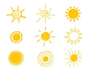 Sıcak güneşin simgesi. Sarı doodle illüstrasyon izole beyaz arka plan üzerinde